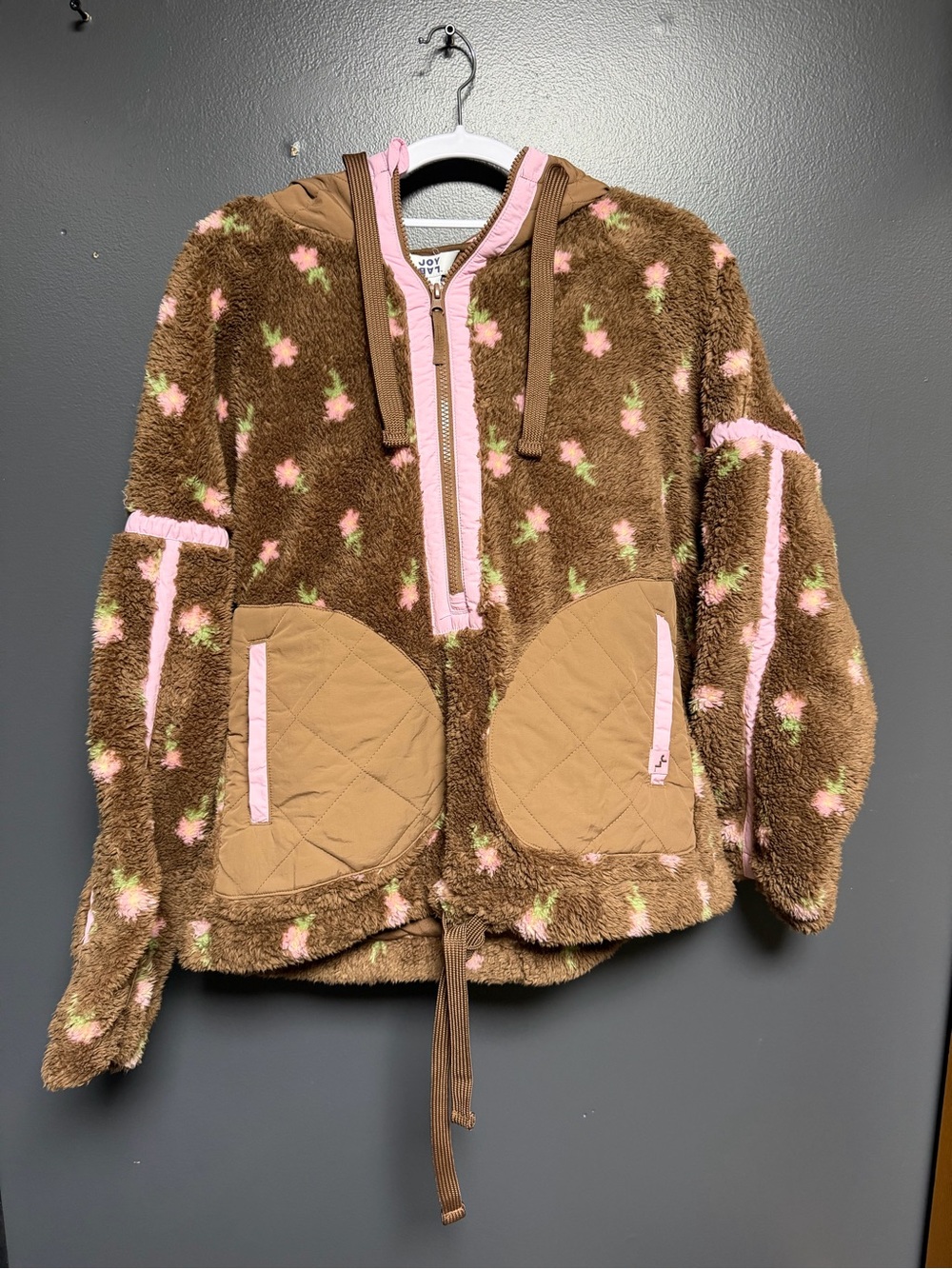 NWT JoyLab Brown Floral Contrast High Pile Fleece Cropped Hooded Jacket L Pink